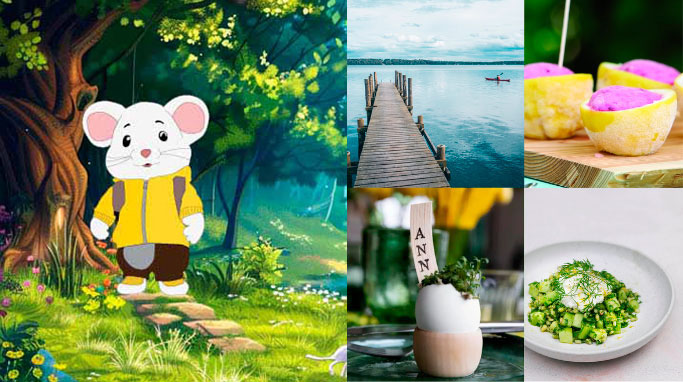 En collage med Slotsmusen Frede, en badebro, forskellige slags is og en salat